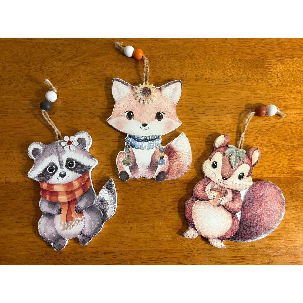 Woodland Animal Ornaments 3 Fox Raccoon Squirrel Fall Rustic Farmhouse Decor NEW